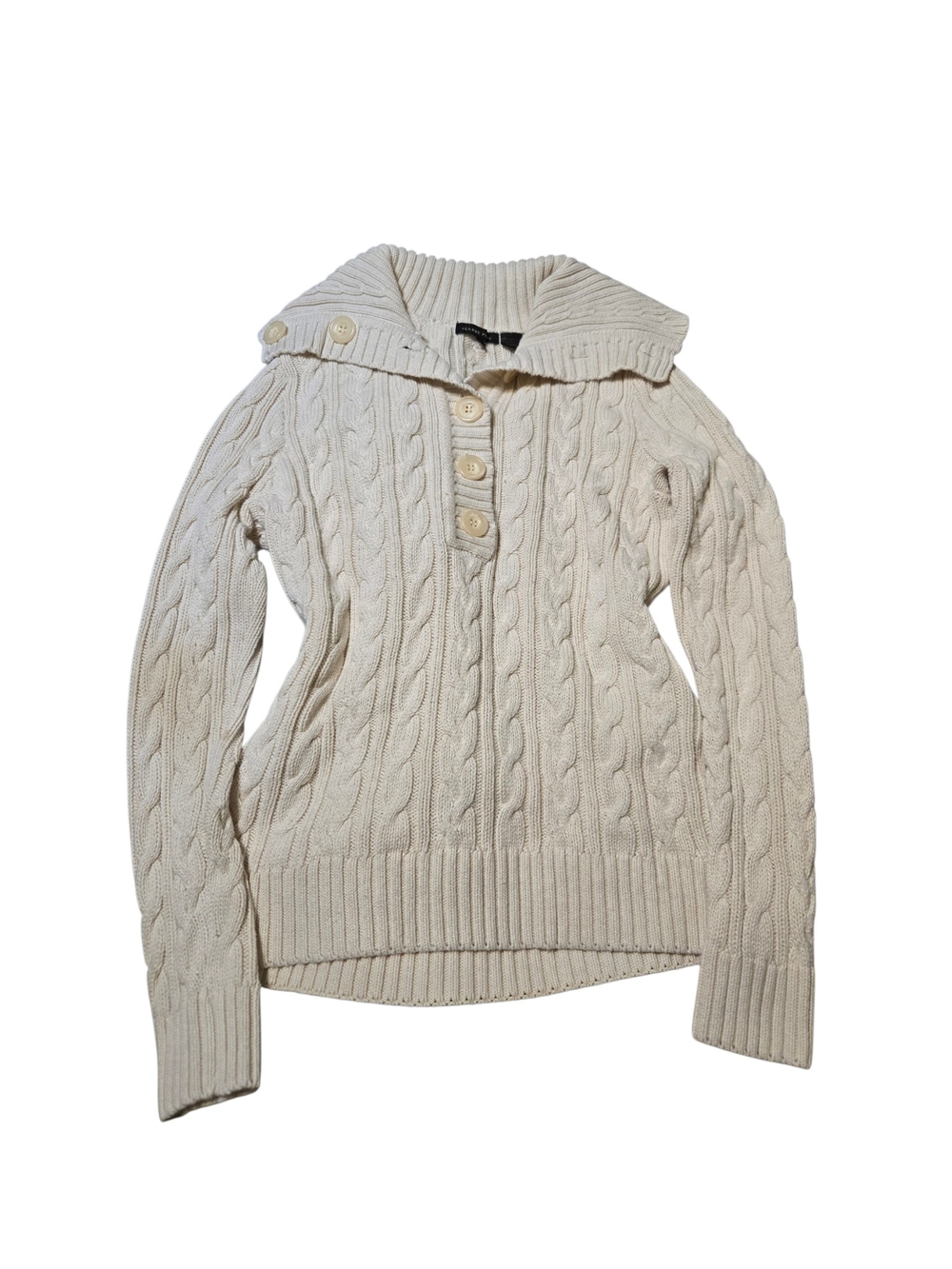 JEANNE PIERRE Cable-Knit Button Shawl-Collar Sweater - Cream